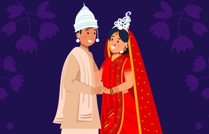 Classy Bengali Newlywed Couple Illustration Premium Vector