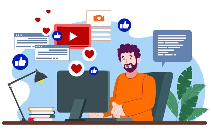 Man Is Busy Getting Likes And Comments On His Social Media Accounts Illustration Premium Vector image