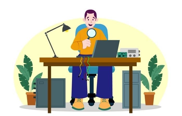 Repairman Or Serviceman Busy With The Repair Of Laptop Flat Vector Illustration