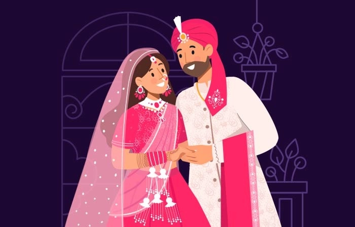 Indian Hindu Bride & Groom A Happy Smiling Couple Illustration Premium Vector