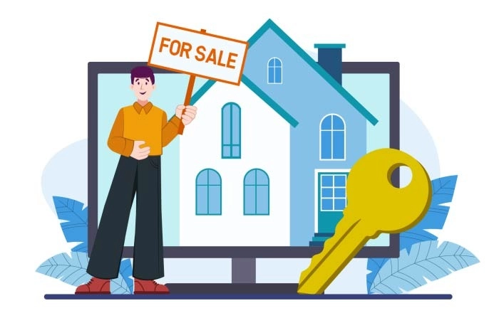 A Real Estate Agent With Keys Advertising A House For Sale Illustration
