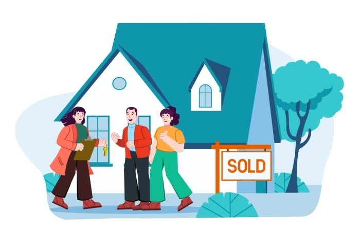 A Real Estate Agent Girl Advertising A House For Sale Illustration Premium Vector image