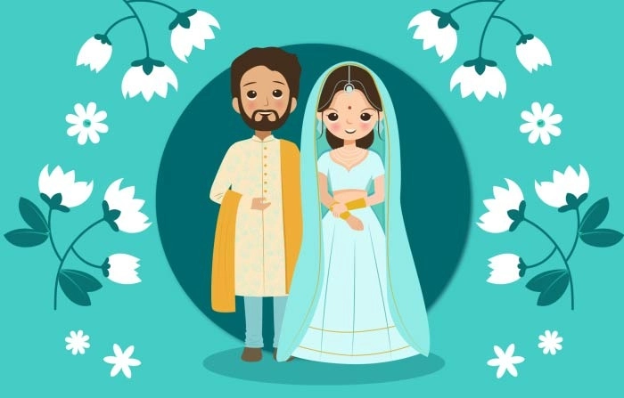 Cute Couple In Traditional Indian Dress Cartoon Character Premium Vector image