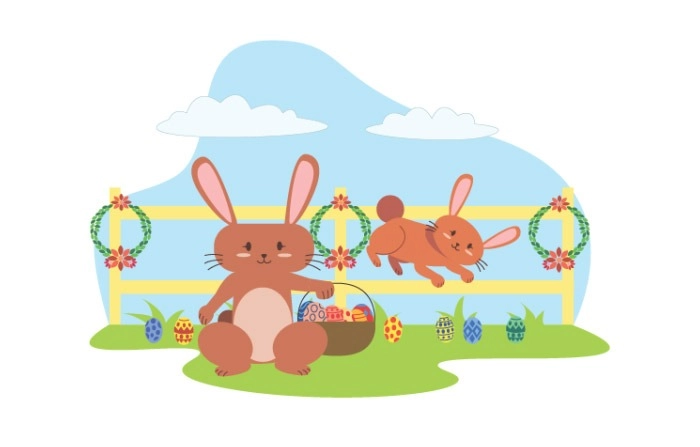 Illustration Of Easter Bunnies With Basket, Eggs And Flowers image