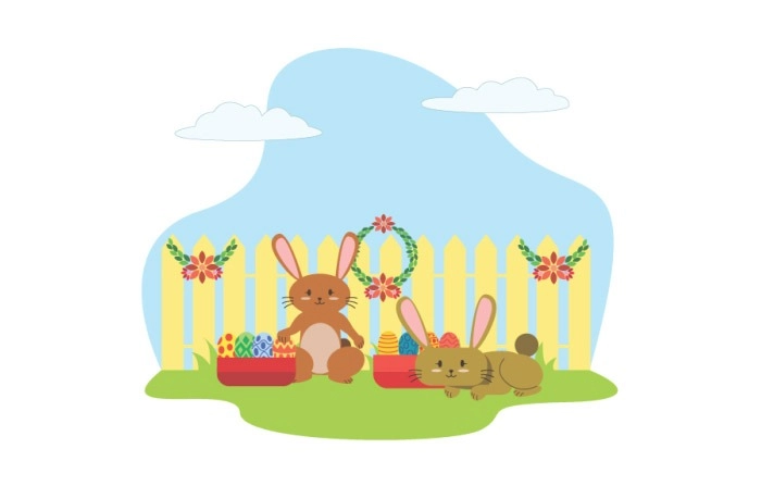 Vector Illustration Cute Easter Bunnies With Eggs And Flowers image