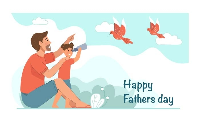 Illustration Of Father Daughter Watching Birds Through Binoculars