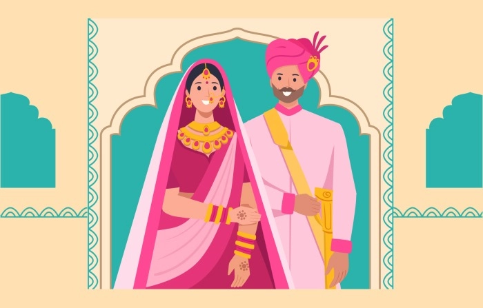 2D Flat Character Of Rajasthani Wedding Illustration