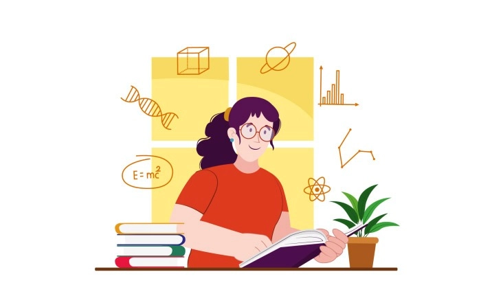 Vector Illustration Of Scholar School Girl Reading School Books image