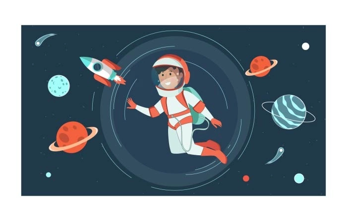 Illustration Of Cosmonaut In Spacesuit Exploring Outer Space And Spaceship
