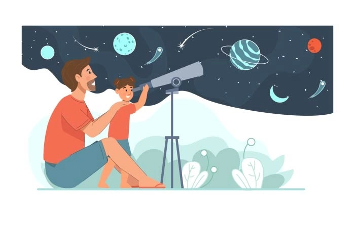 Father Daughter Looking Through Telescope At Night Vector Image