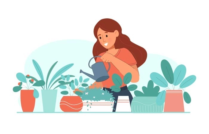 Girl Smiling And Watering Home Mini Garden Succulents And Plants Premium Vector Illustration