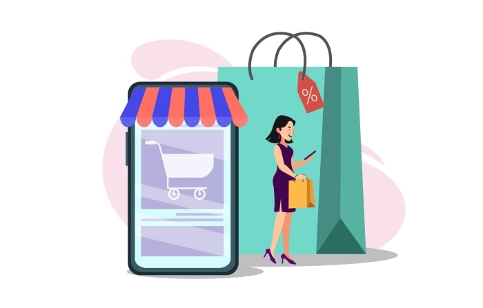 Woman With Bag Shopping From Mobile Application With Credit Card Payment Illustration