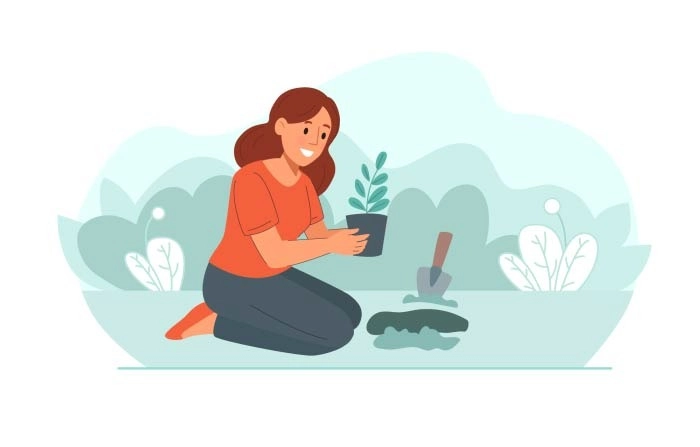 Young Woman Cartoon Character Sitting On Floor Repotting Plant In Soil Vector Illustration image