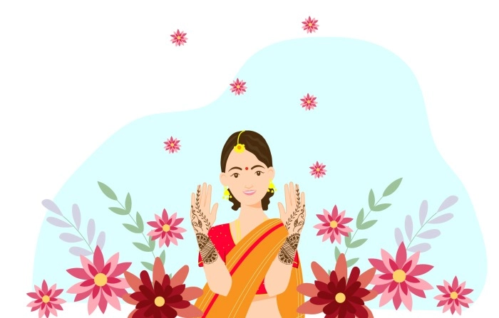 Get The Creative 2D Character Wedding Mehndi Illustration