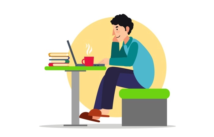 Adorable Man Sitting At Desk And Working On Laptop Premium Vector Illustration image