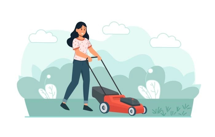 Young Girl Cutting Grass In Garden Flat Character Illustration
