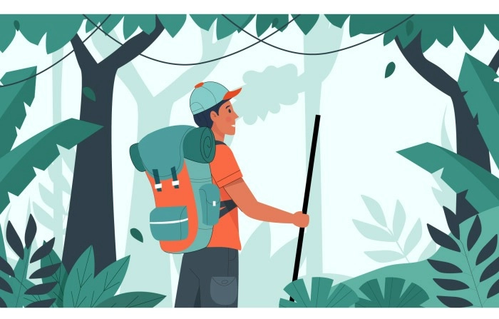 Man In Forest On Jungle Adventure With Bag Pack Character Illustration image