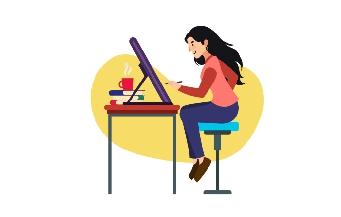 Young Woman Freelancer Artist-Designer Character Working With Laptop Premium Vector