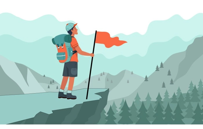Vector Image Man In Mountain Adventure With Backpack Reached The Top Of Mountain