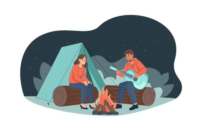 Illustration Of Couple Camping In Jungle Tent Bonfire Man Singing Song For Women