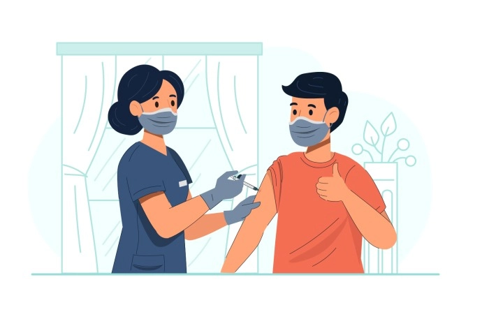 Man Giving Thumb After Covid-19 Vaccination Concept Premium Vector Illustration image