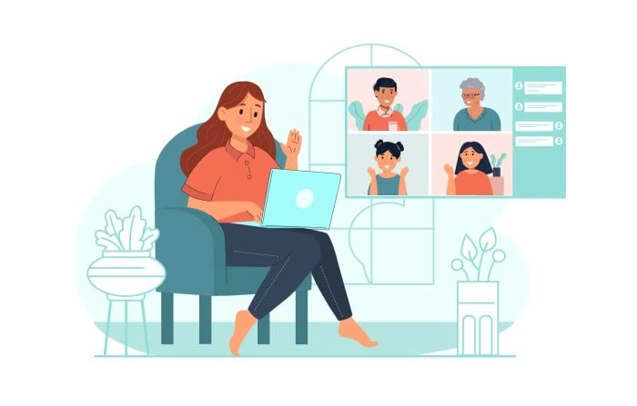Girl On Videocall Chatting With Elderly Relatives Vector Flat Illustration