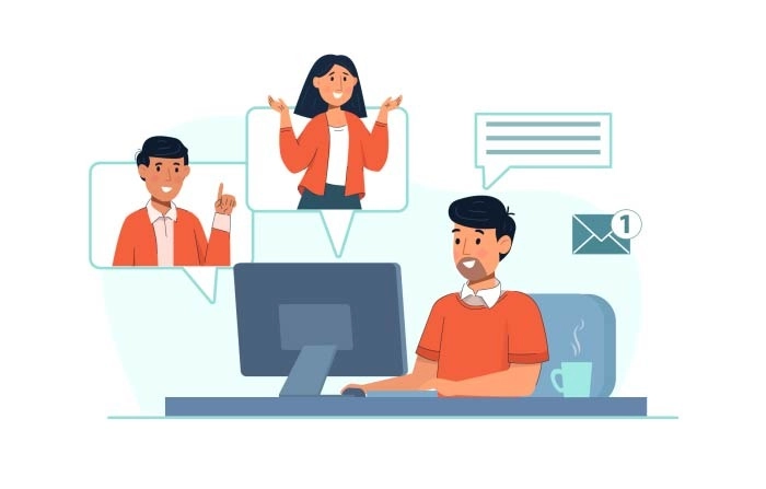 Online Meeting Via Video Conference Remote Work Illustration In Flat Style Vector image