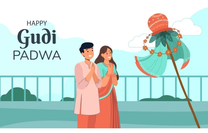 Vector Illustration Of Couple Performing Pooja Gudi Padwa Wishes