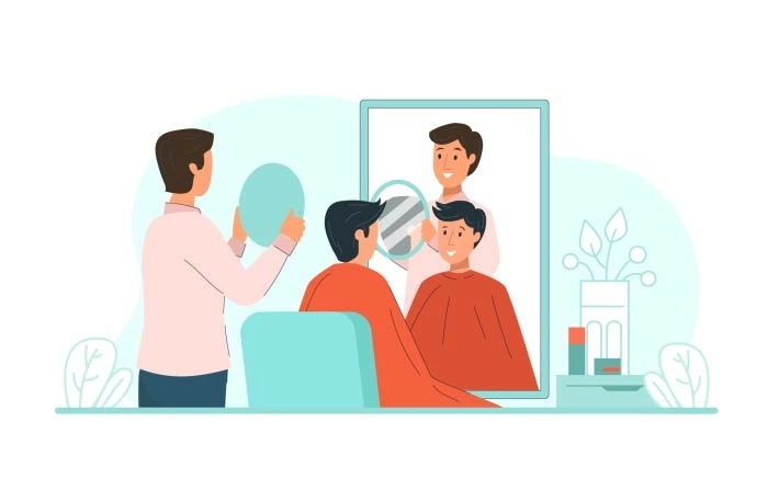 Hairdresser Evaluates His Work To Male Customer In Salon Vector Image image