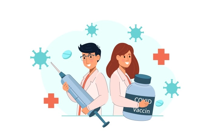 Young Doctors With Covid Vaccine Bottle And Injection Illustration Premium Vector