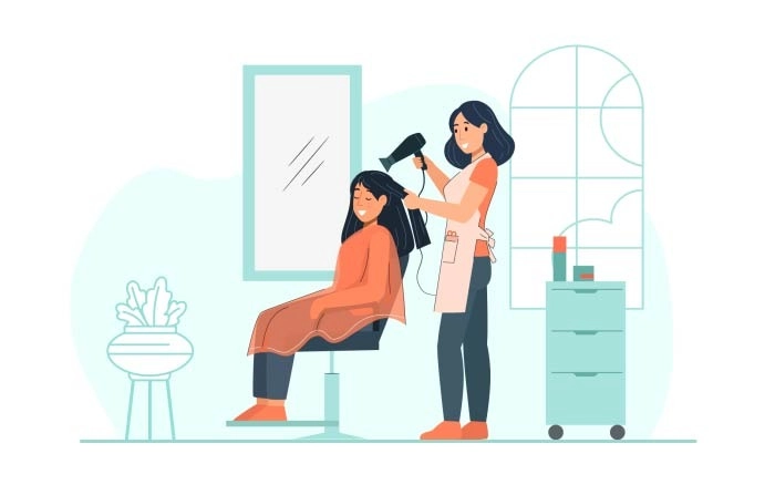 Hairdresser Blowdrying Hair And Her Client, A Female Character Having A Haircut At The Parlour