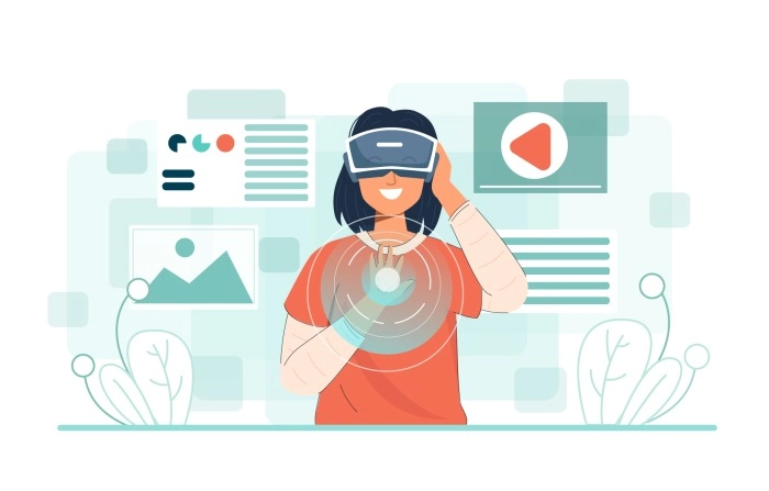 Metaverse And Virtual Reality Concept With Woman Using Headset Touching Hologram Data Illustration