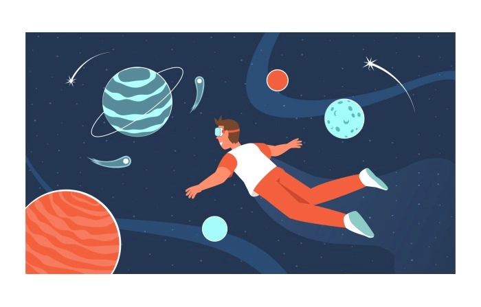 Metaverse Reality Concept Man In Digital Glasses Flying In Outer Space Among Planets Premium Vector