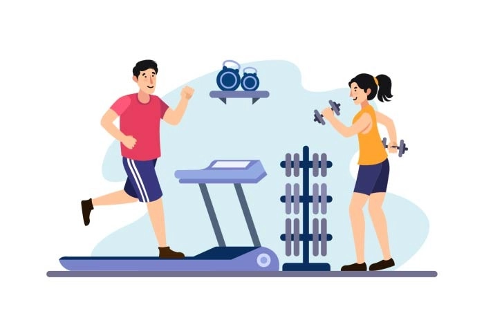 Man On Running Treadmill Gym Training Set Cartoon Sports Characters Premium Vector