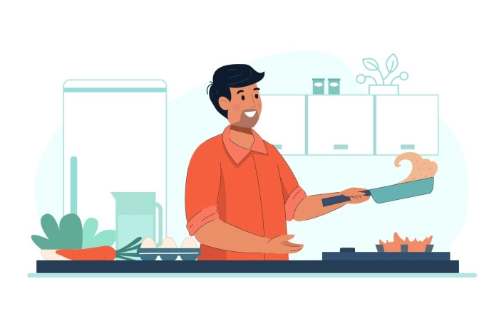 Male Chef Standing In The Kitchen At Home For Cooking Illustration