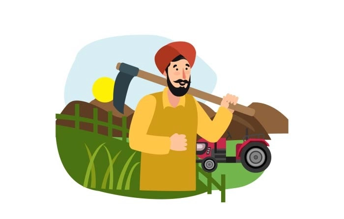 Farmer Standing In The Background Of Fields And Tractors Agriculture Work Premium Vector