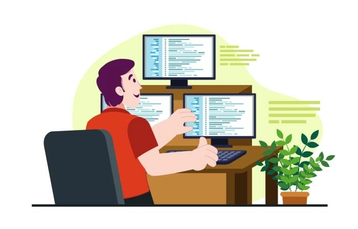 Programming Software Cartoon Concept Programmer Working On Code, Programs And Tests