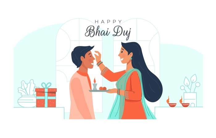 Vector Illustration Of Indian Brother And Sister Family Celebrating Bhai Dooj Or Bhau Beej