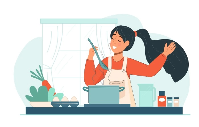 Beautiful Housewife Is Cooking In The Kitchen Illustration Vector Cartoon Animation Design image