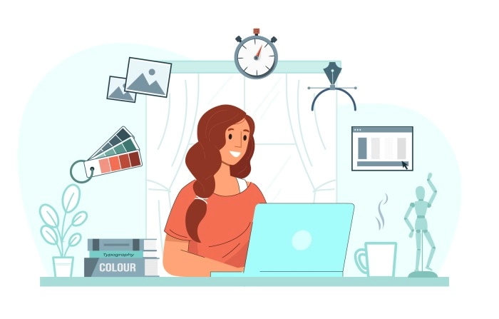 Happy Young Woman Freelancer Working With Laptop Sitting At Home Desk Workplace Illustration image