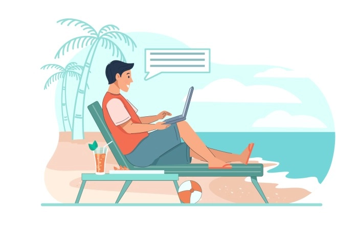 Man With Laptop On Tropical Beach Travel Vacation Internet Freelance Job Vector Illustration Concept