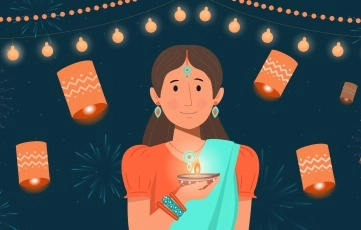 Happy Diwali Beautiful Indian Woman Holding Clay Diya Oil Lamp
