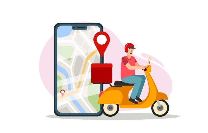 Delivery Man Riding A Motorcycle With Delivery Box And Big Phone Premium Vector