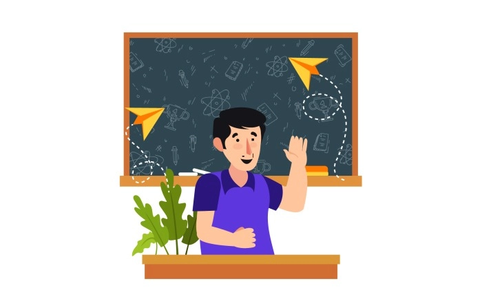 Happy Teacher Standing At Blackboard With Hello Class Inscription Vector Illustration