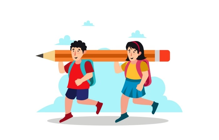 Illustration Of Happy Cute Kids With Bag And Pencil Premium Vector
