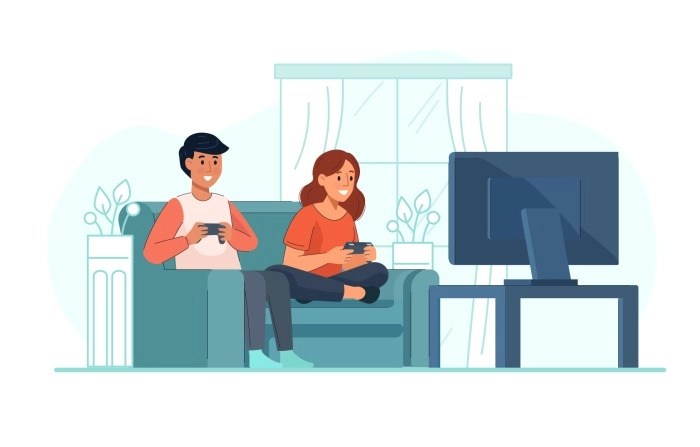Boy And Girl Sitting On A Sofa At Tv With Gamepads And Playing A Videogame Illustration image