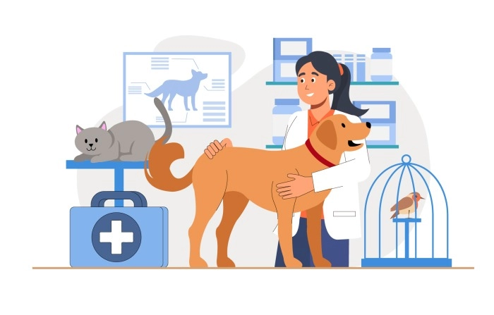 2D Flat Character Of Pet Care Clinic Illustration