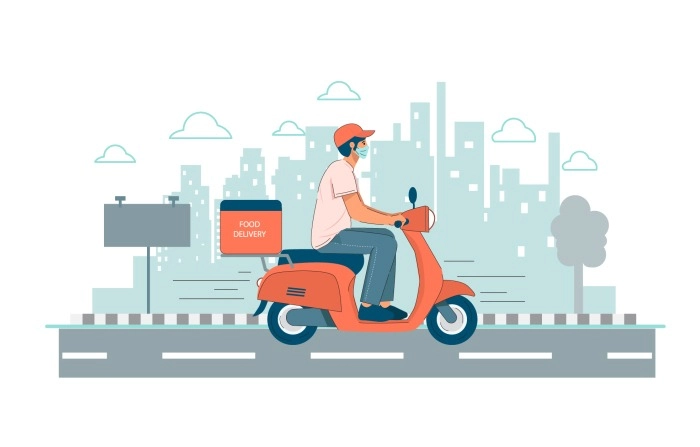 Delivery Staff Ride-On Motorcycle With Food Illustration Premium Vector