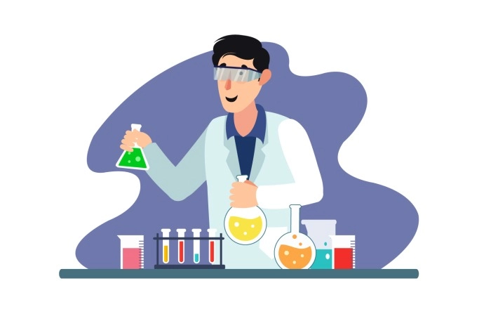 Chemist With Goggles And Lab Equipment In A Scientific Laboratory Illustration Premium Vector image