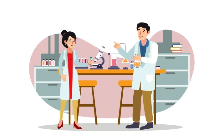 Young Scientist Doing Experiment In Research Laboratory Illustration Premium Vector